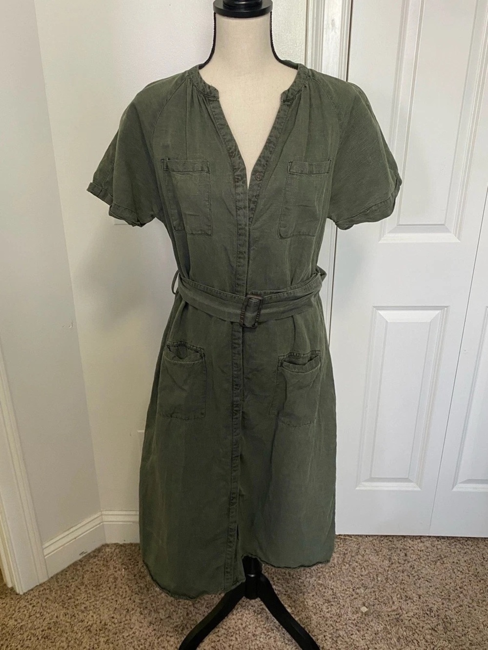 Olive Green Belted Utility Shirt linen Dress